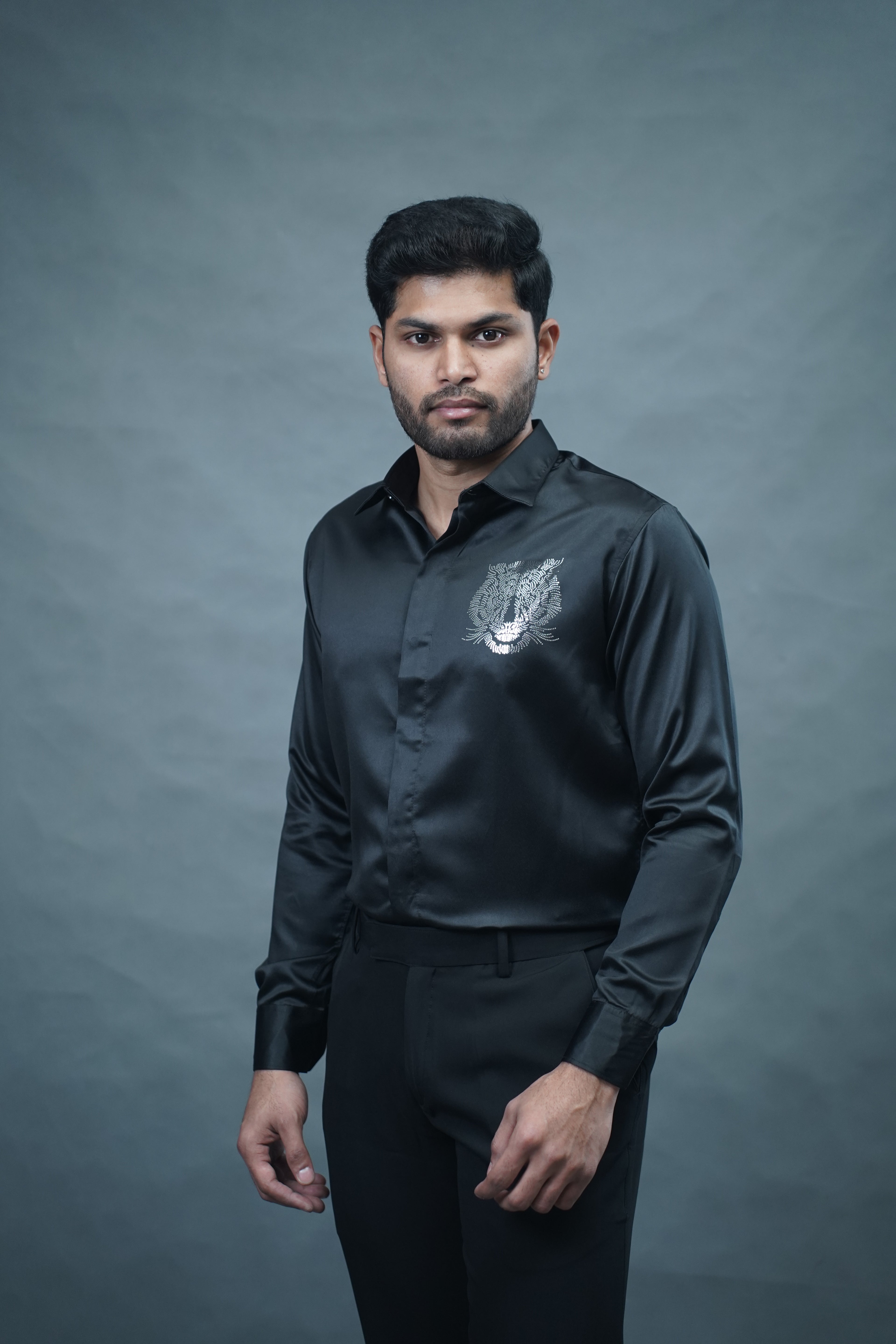Designer Tiger Stone Work Black Shirt