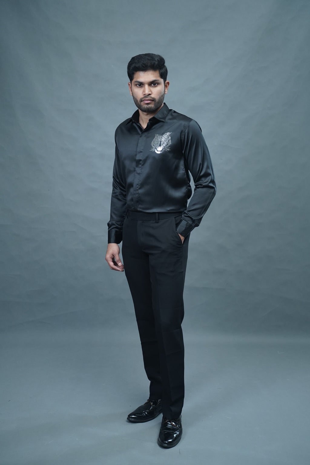 Designer Tiger Stone Work Black Shirt