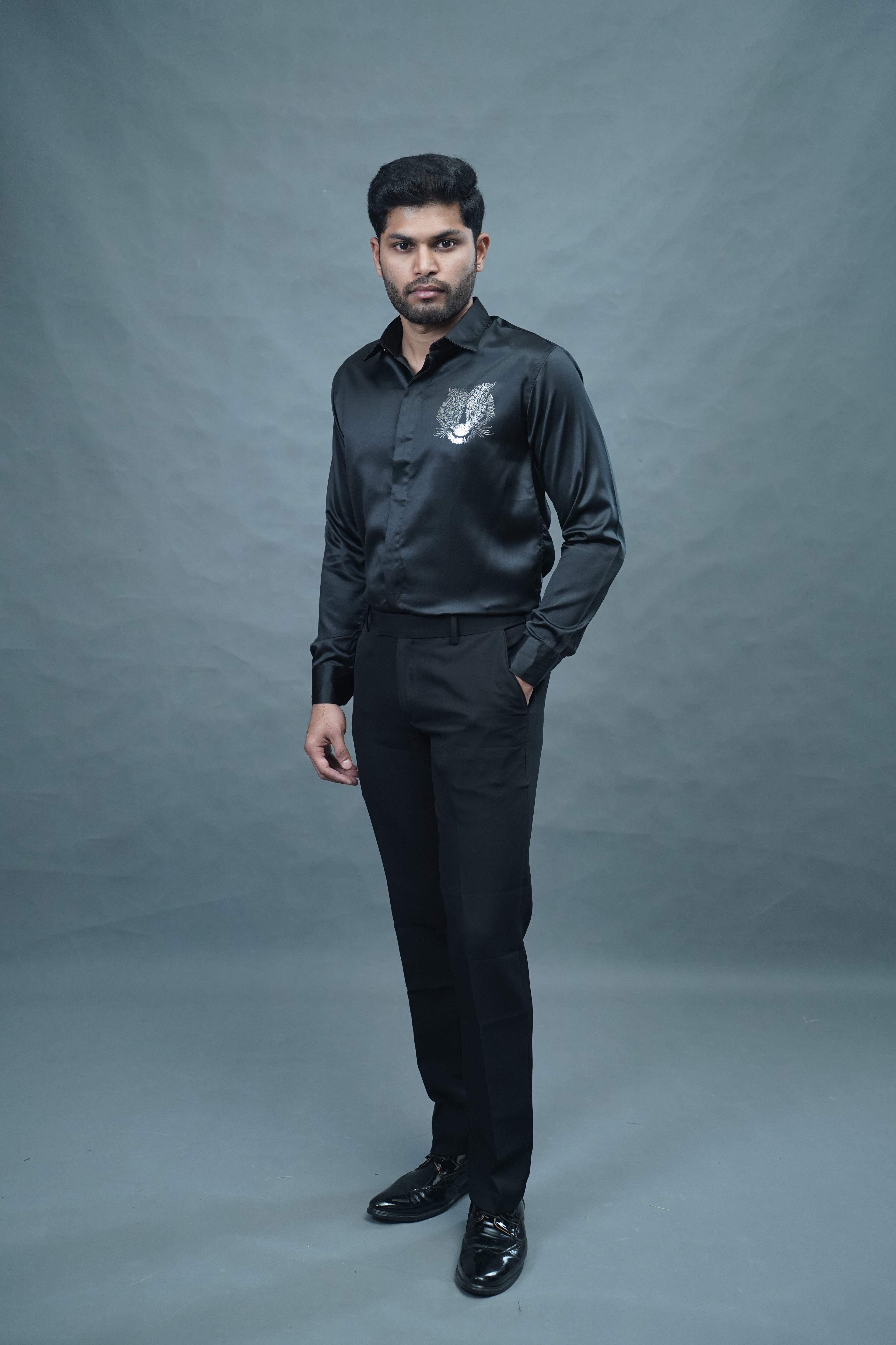 Designer Tiger Stone Work Black Shirt