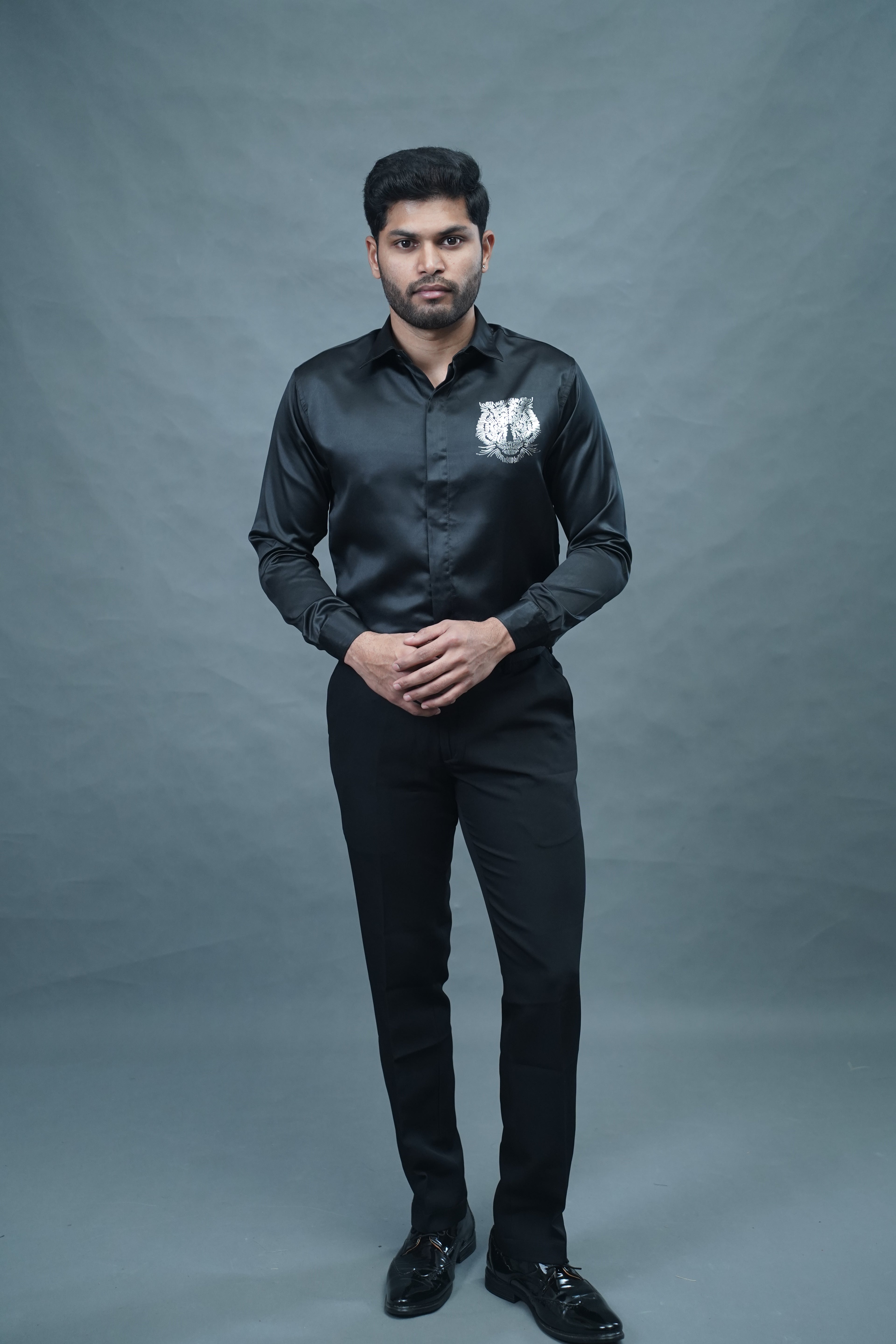 Designer Tiger Stone Work Black Shirt