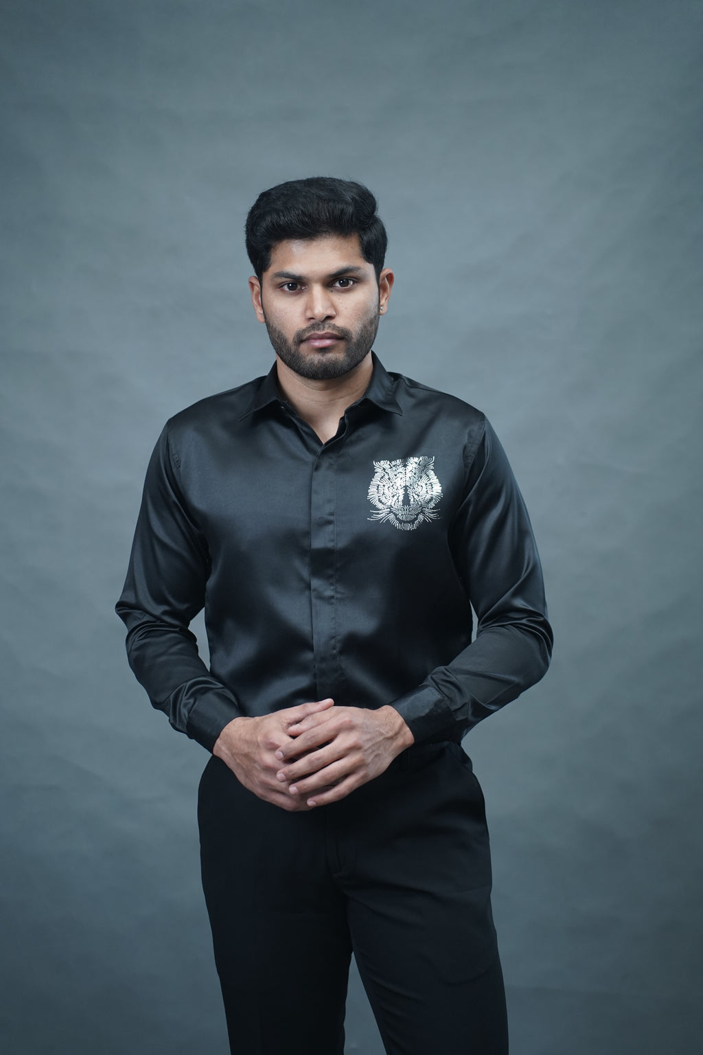 Designer Tiger Stone Work Black Shirt