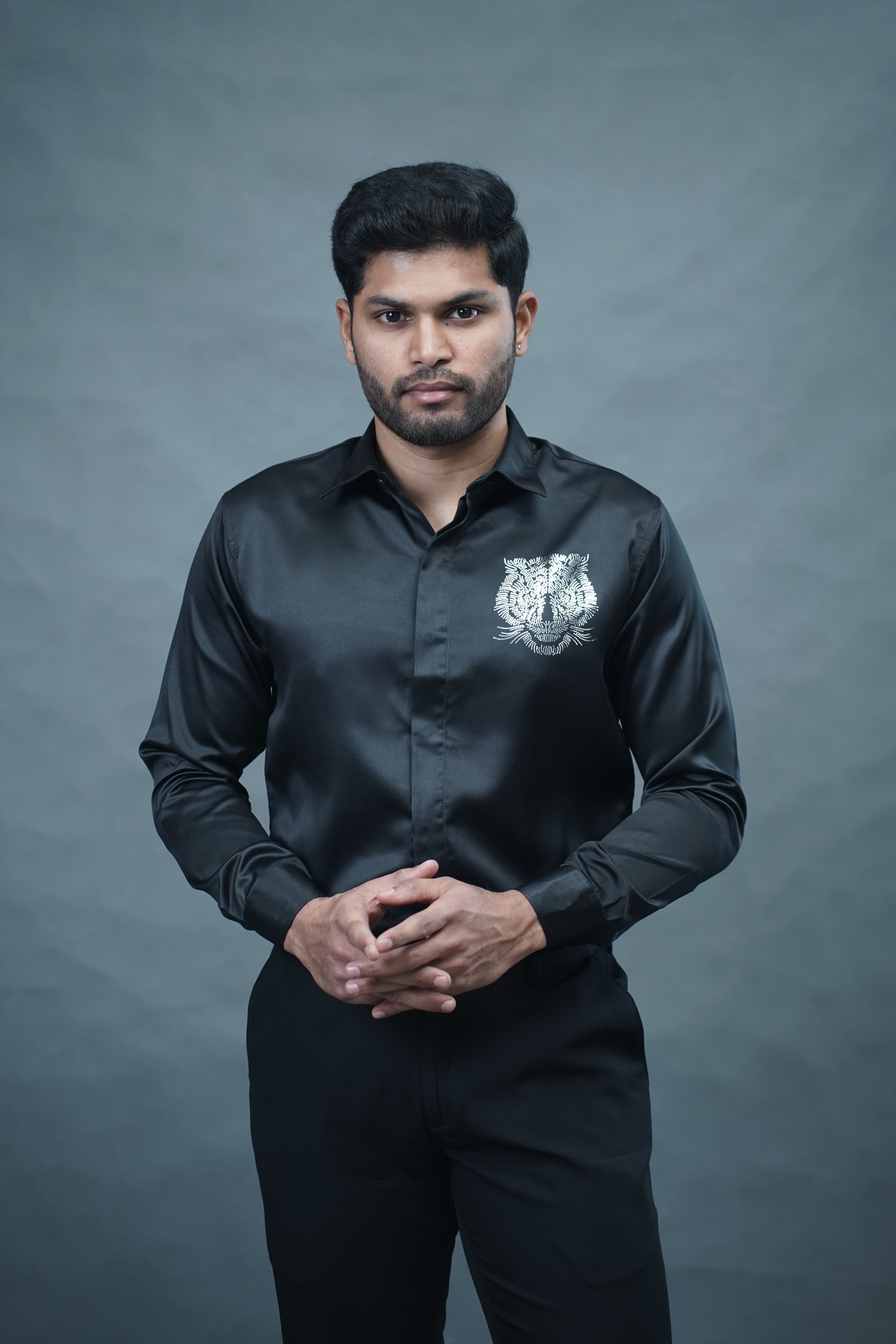 Designer Tiger Stone Work Black Shirt