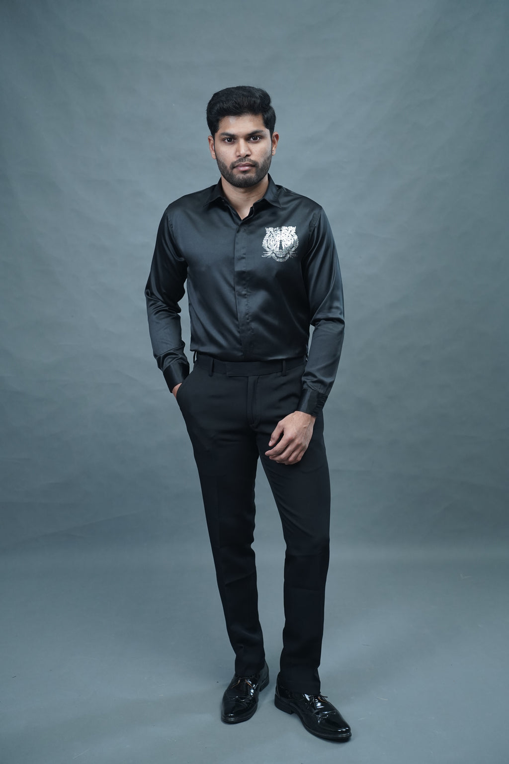 Designer Tiger Stone Work Black Shirt