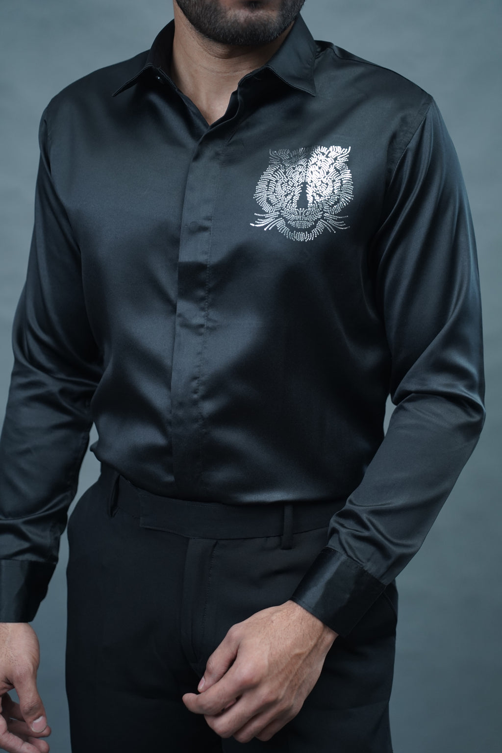 Designer Tiger Stone Work Black Shirt