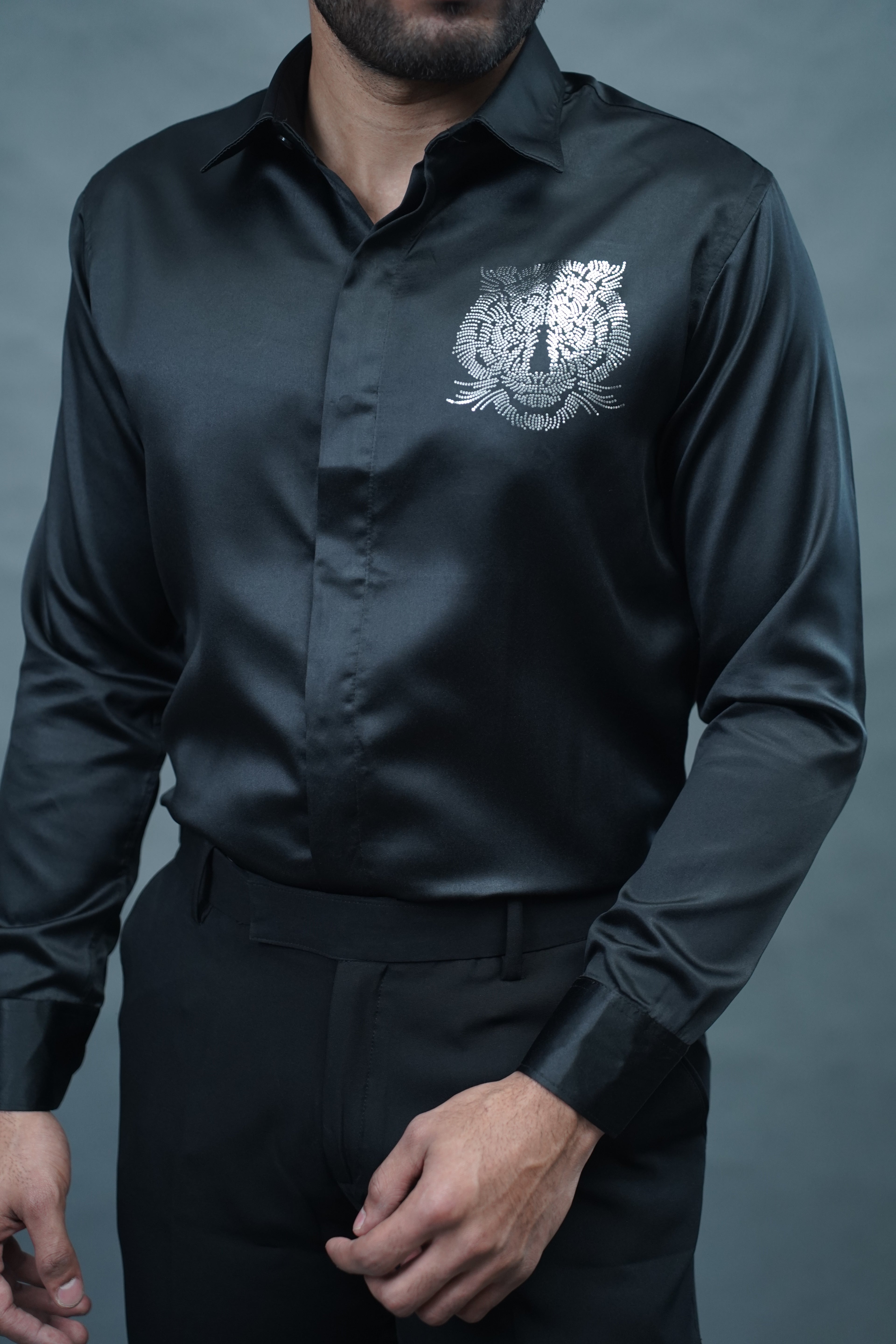 Designer Tiger Stone Work Black Shirt