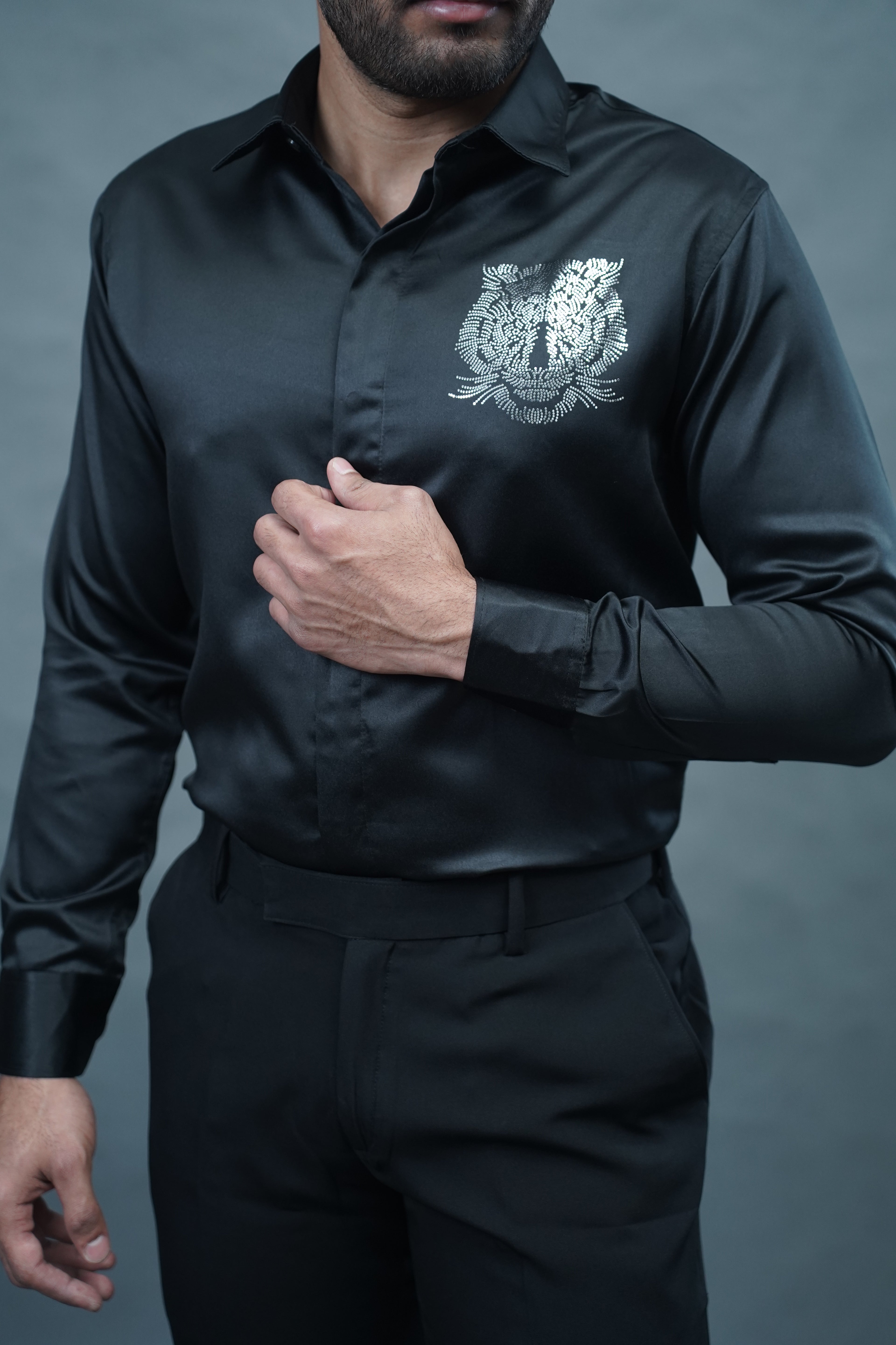 Designer Tiger Stone Work Black Shirt