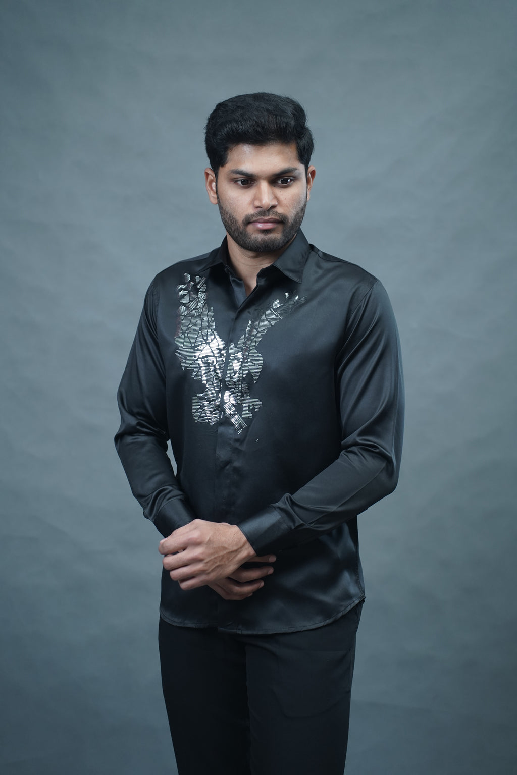 Designer Eagle Stone Work Black Shirt