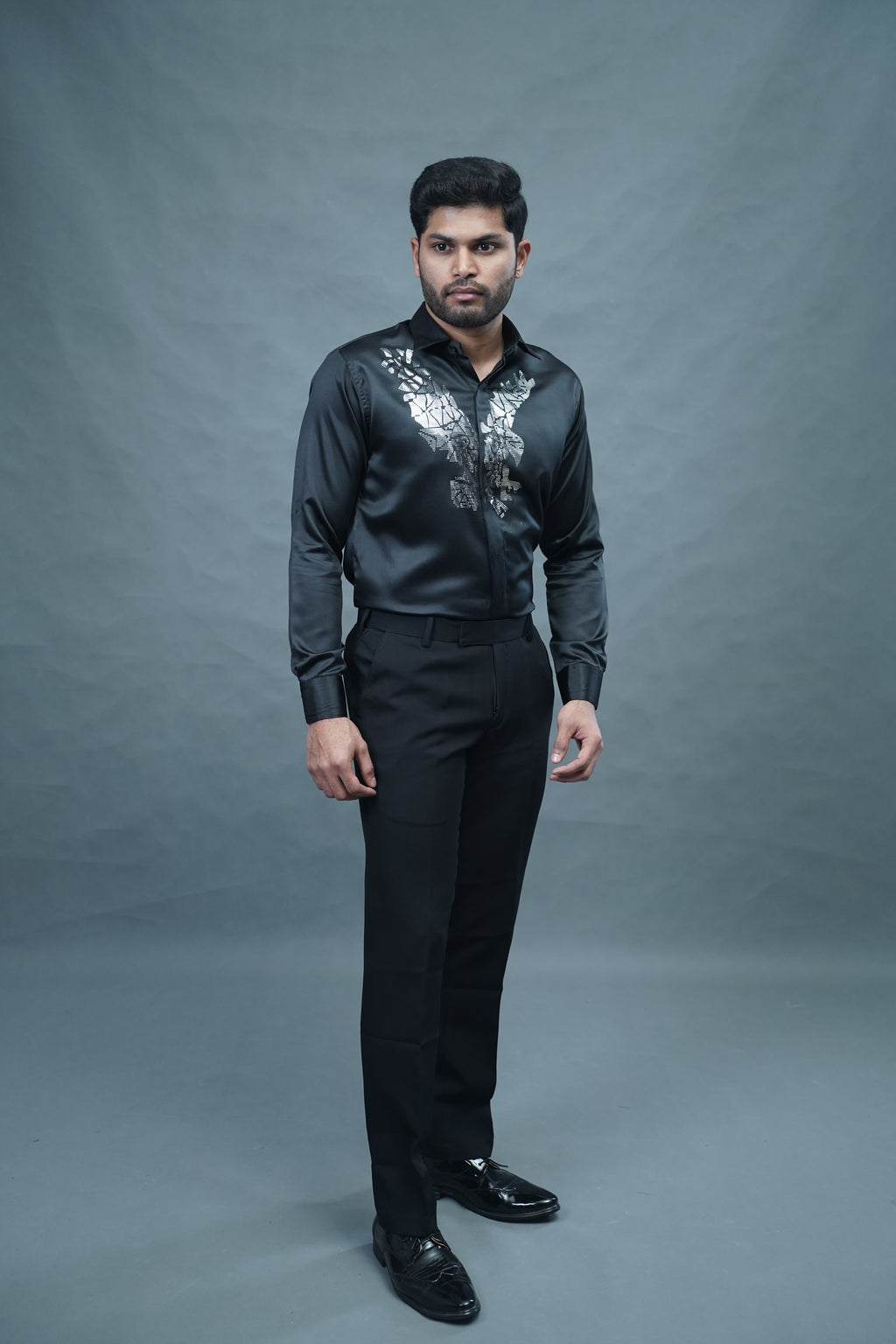 Designer Eagle Stone Work Black Shirt