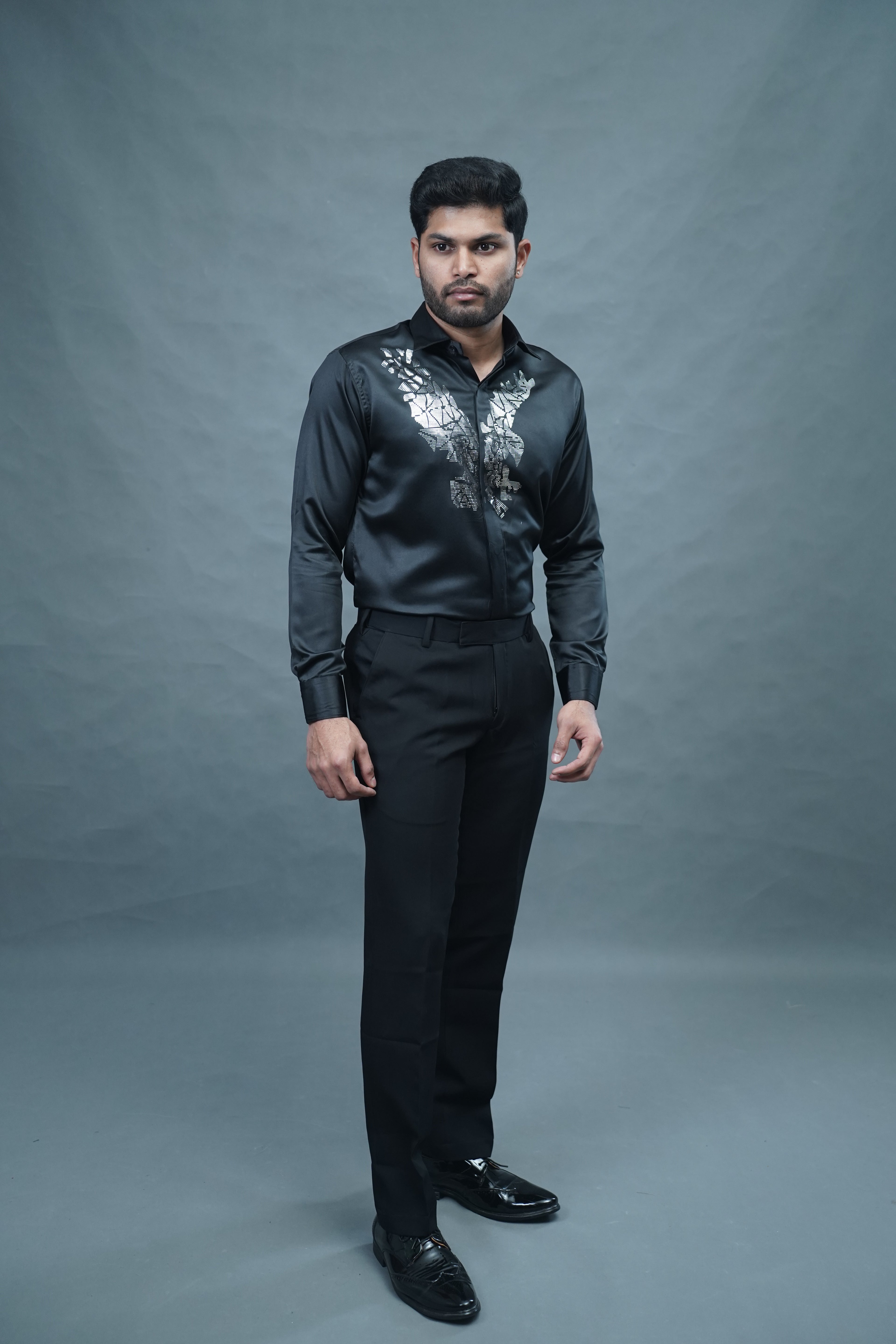 Designer Eagle Stone Work Black Shirt