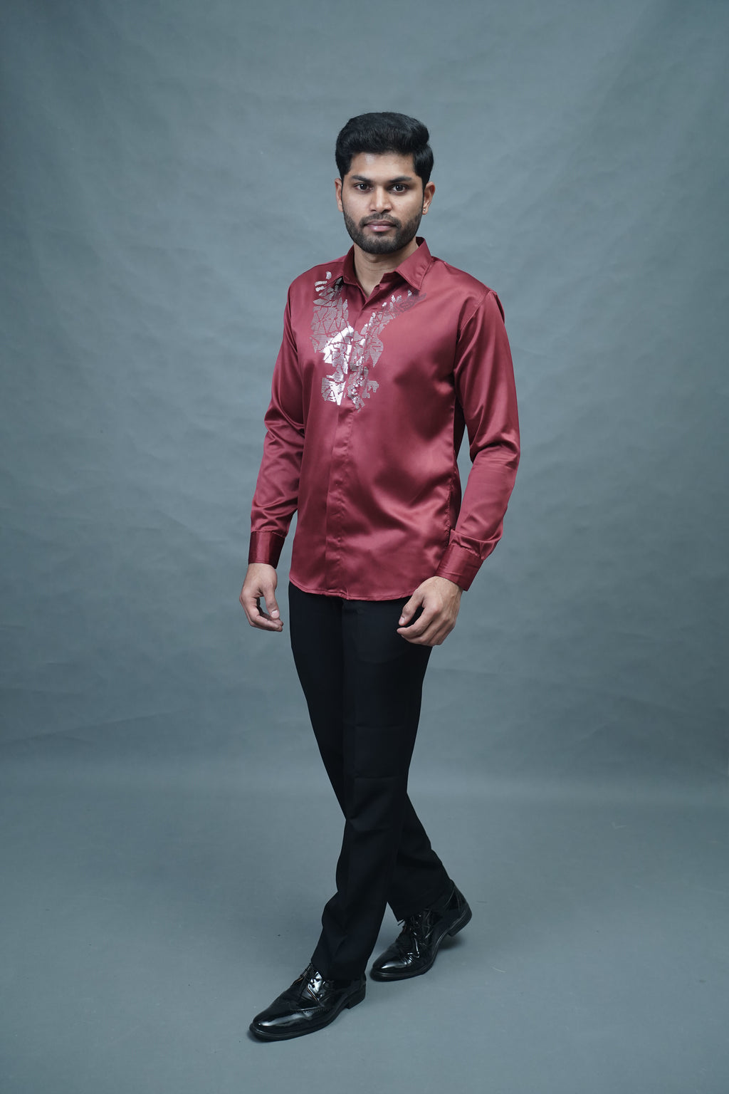 Designer Eagle Stone Work Marron Shirt