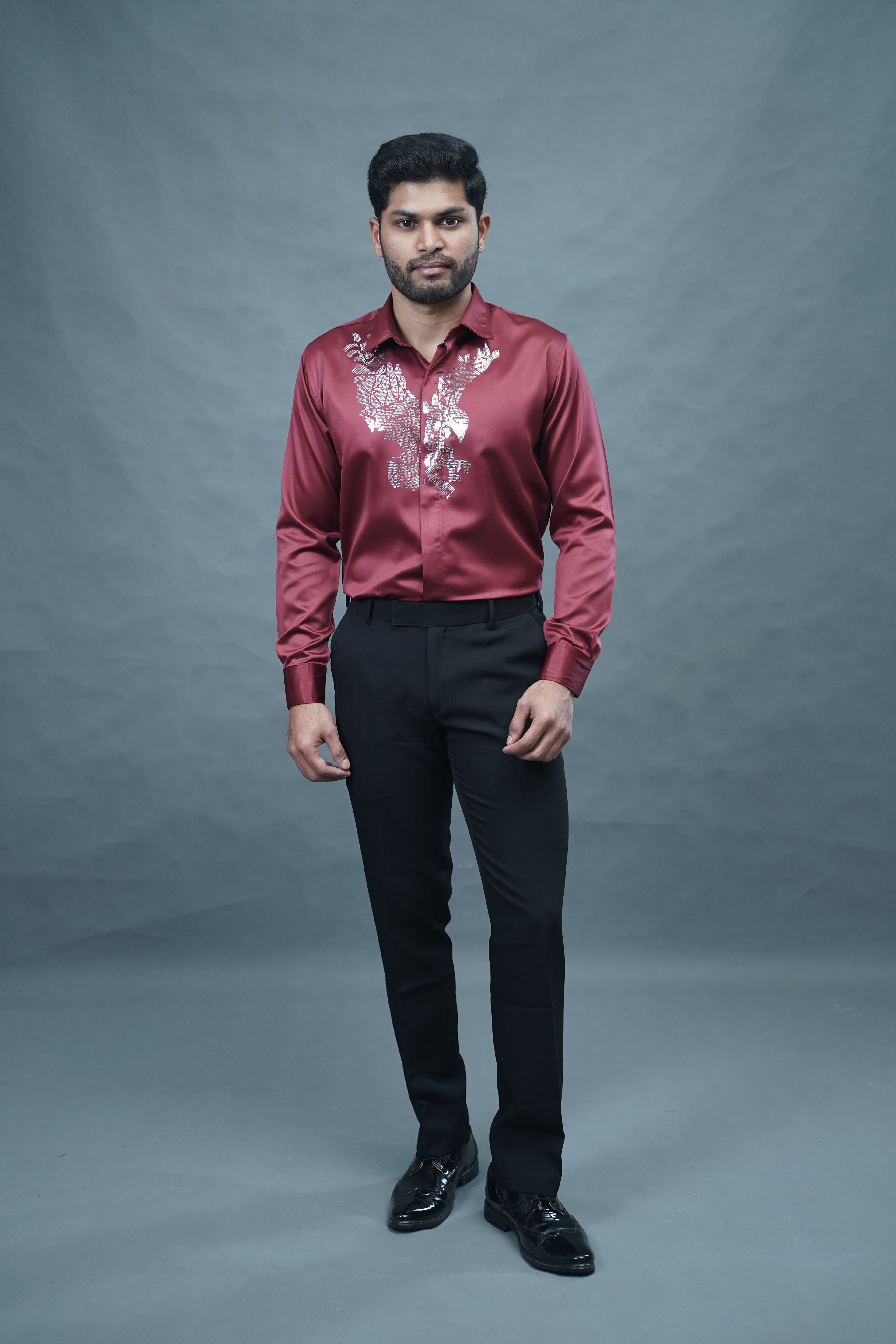 Designer Eagle Stone Work Marron Shirt