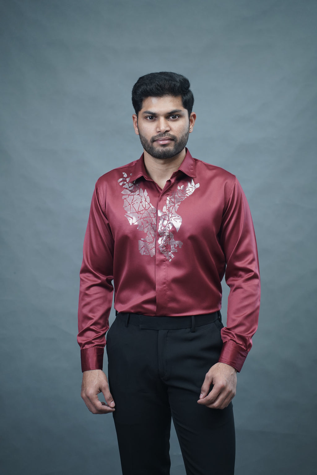 Designer Eagle Stone Work Marron Shirt