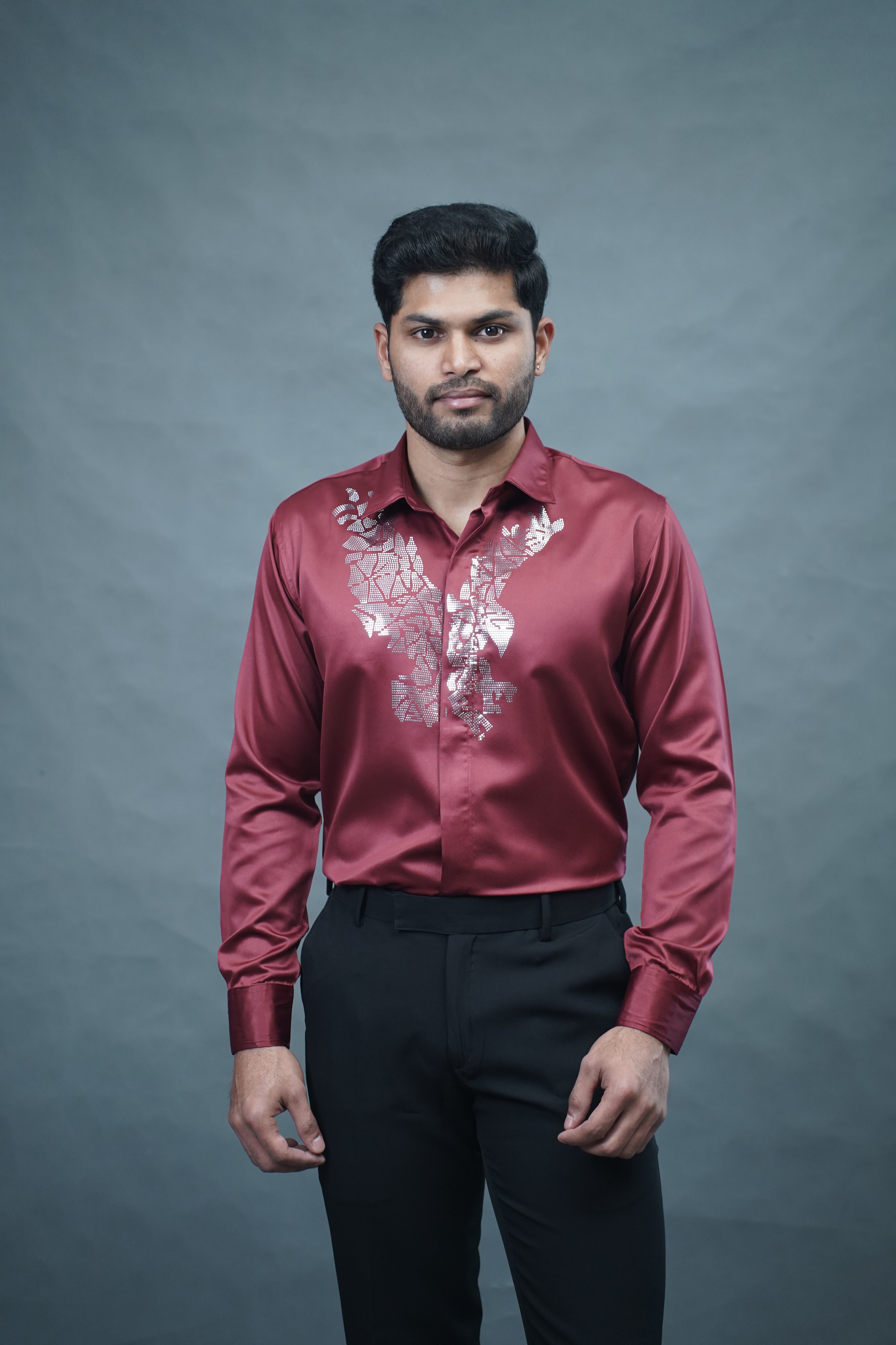 Designer Eagle Stone Work Marron Shirt