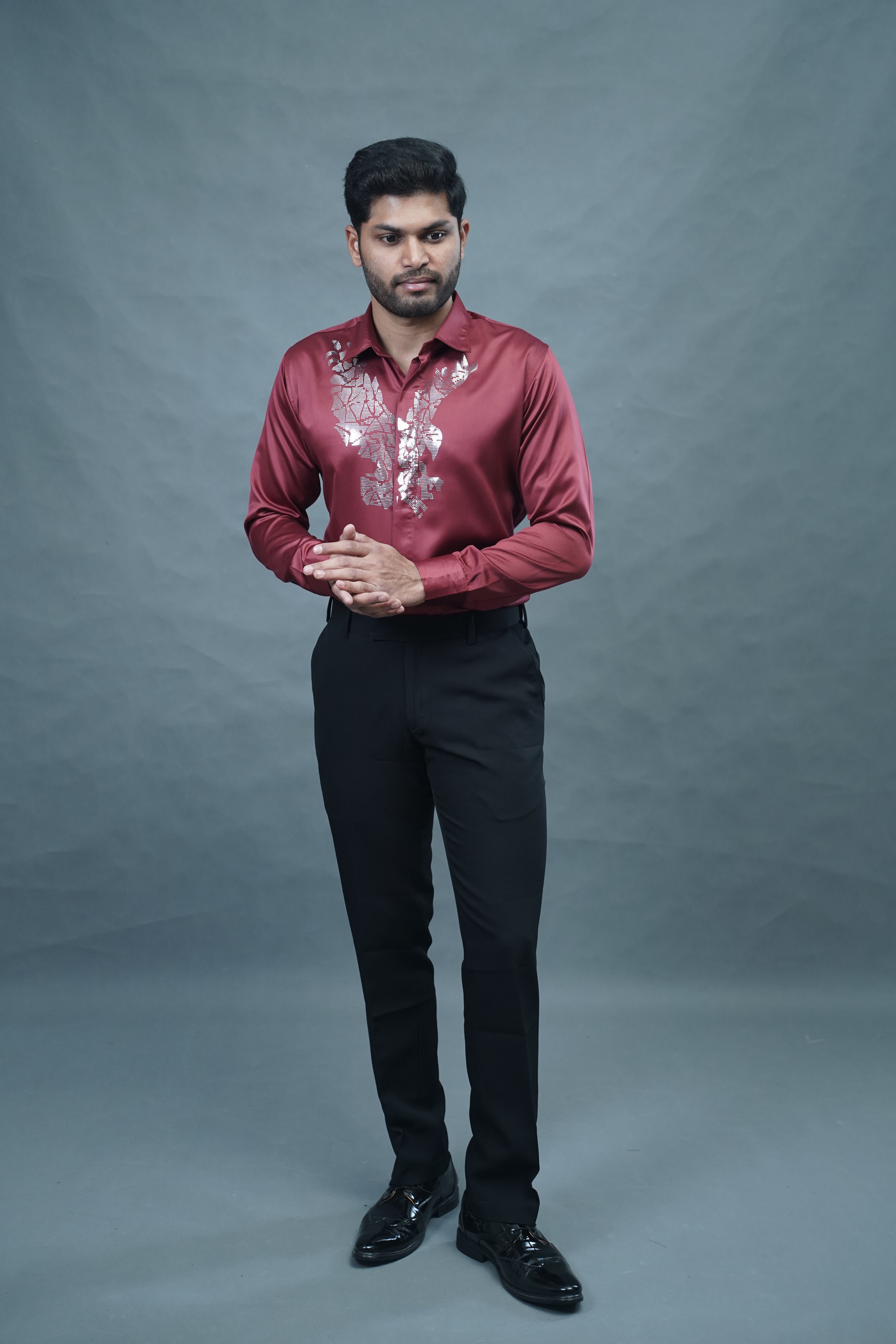 Designer Eagle Stone Work Marron Shirt