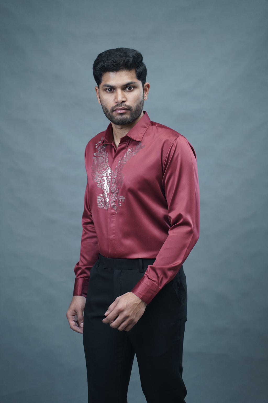 Designer Eagle Stone Work Marron Shirt