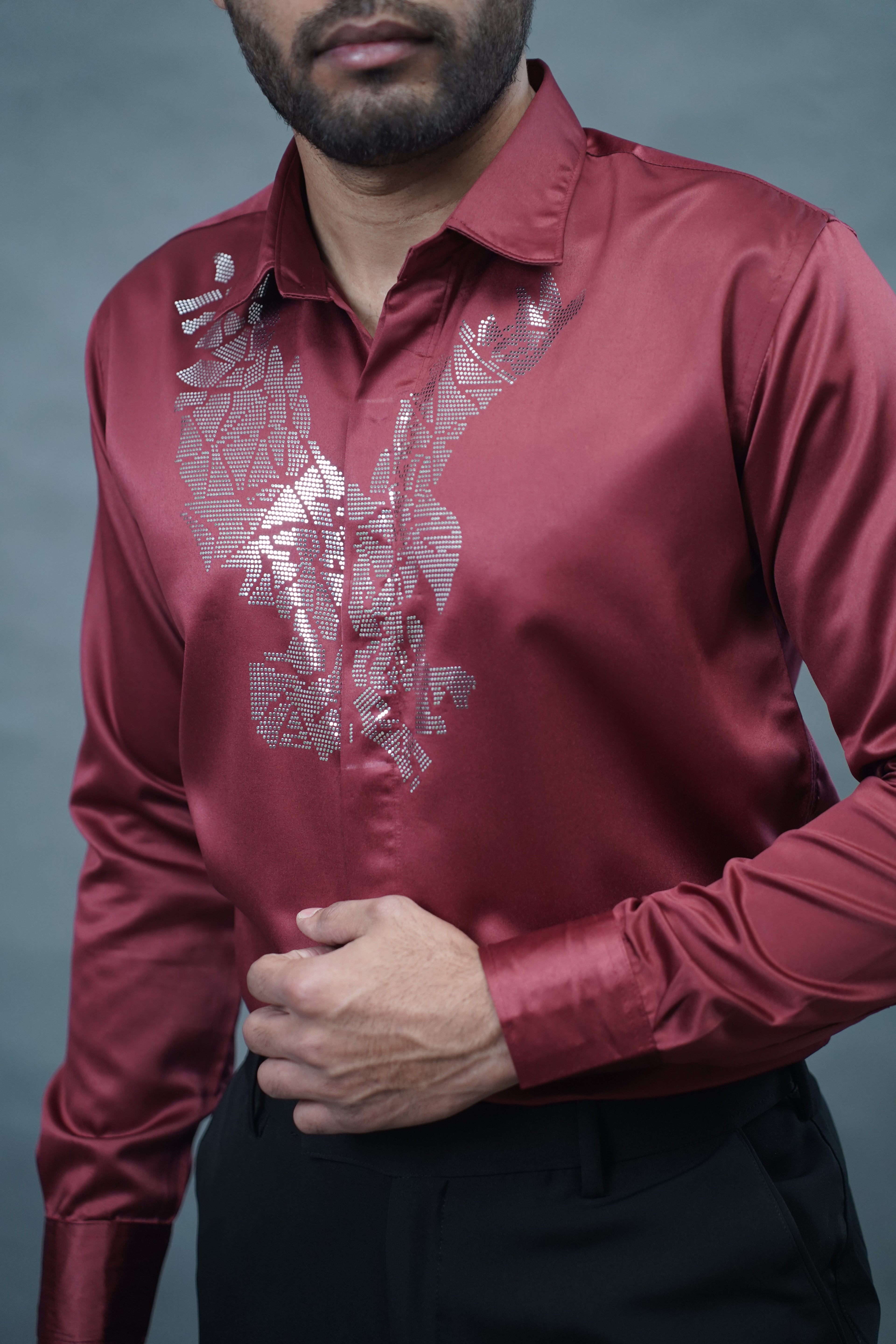 Designer Eagle Stone Work Marron Shirt