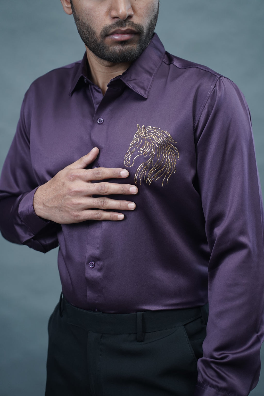 Designer Horse Stone Work Wine Shirt