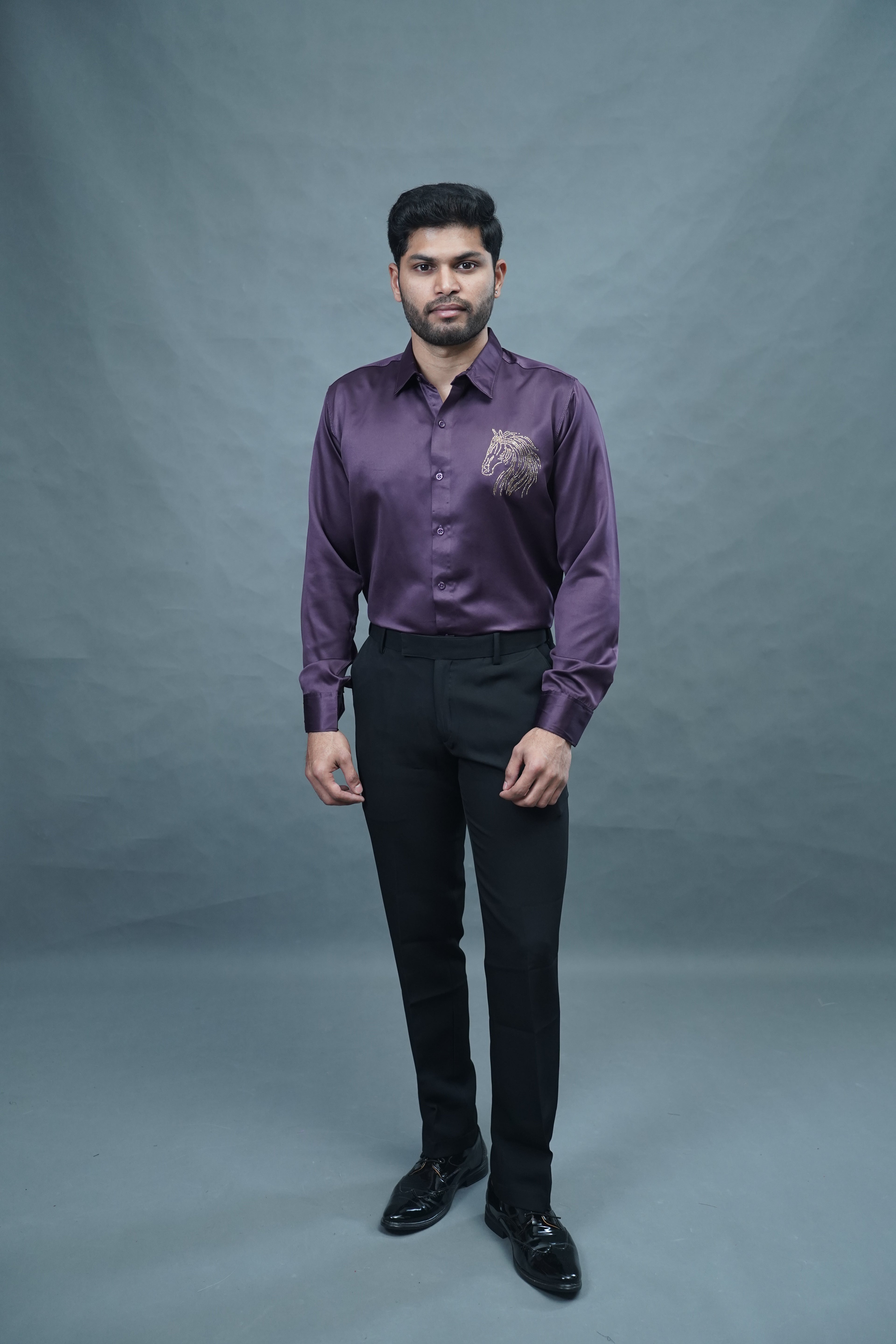 Designer Horse Stone Work Wine Shirt