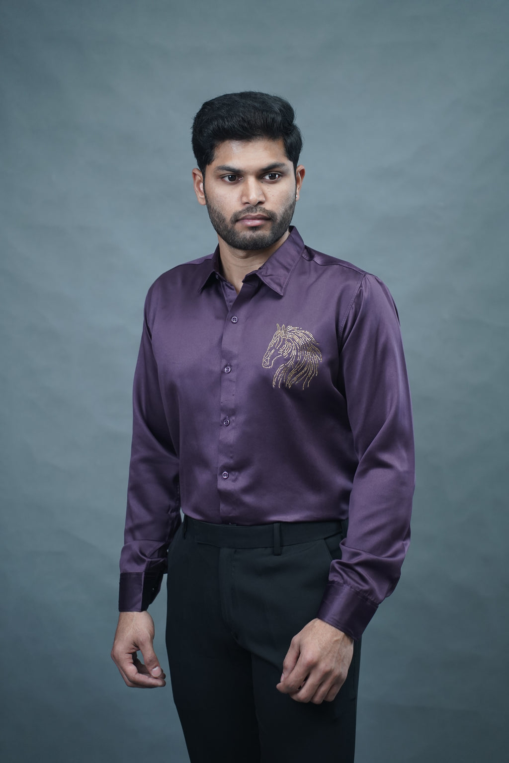 Designer Horse Stone Work Wine Shirt