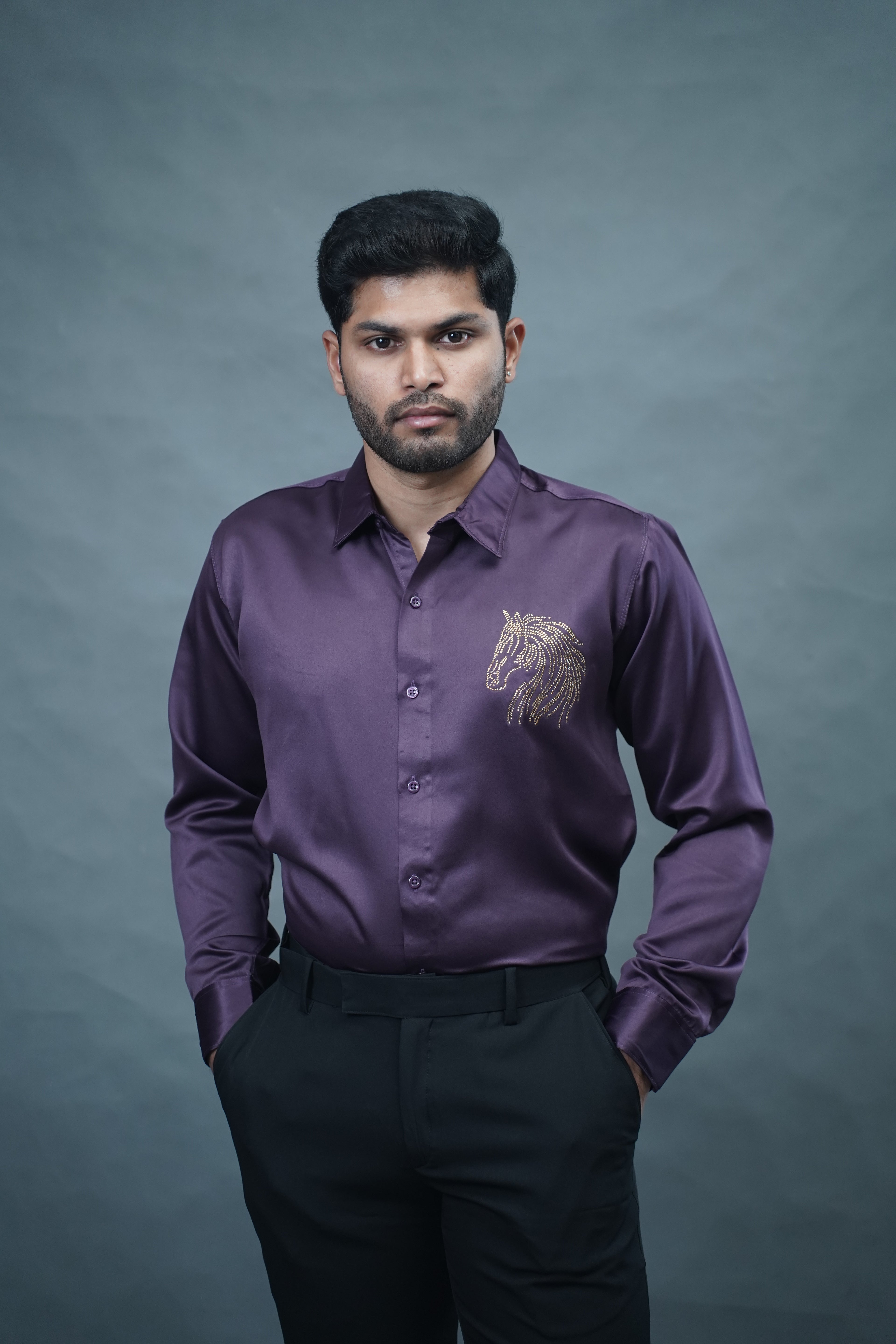 Designer Horse Stone Work Wine Shirt