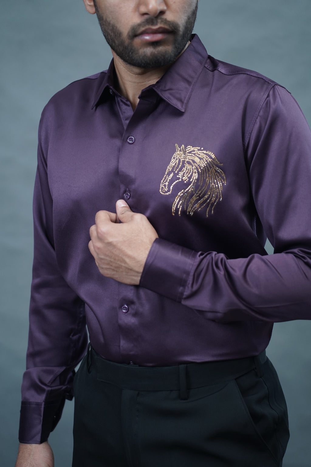 Designer Horse Stone Work Wine Shirt