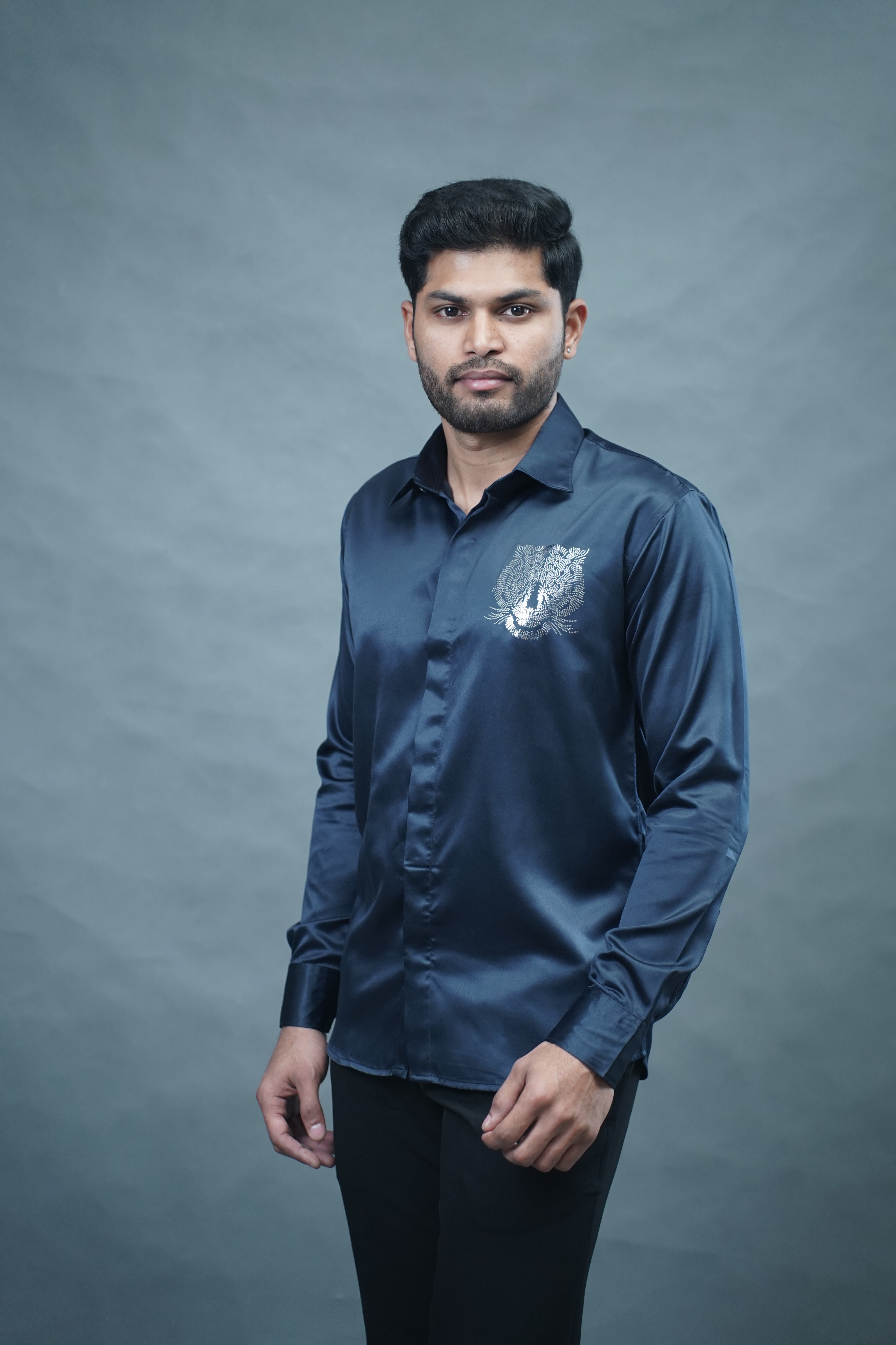 Designer Tiger Stone Work Navy Blue Shirt
