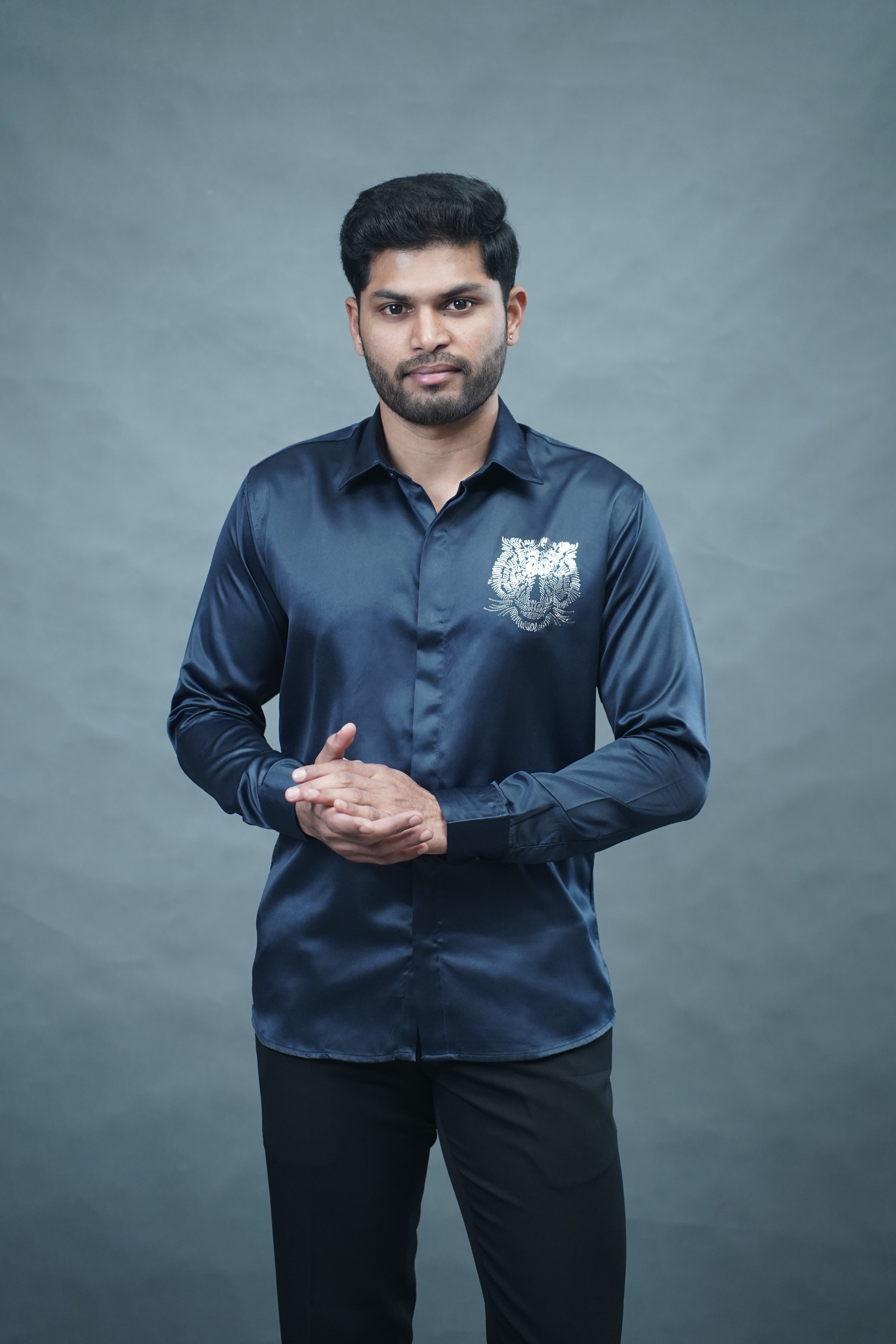 Designer Tiger Stone Work Navy Blue Shirt