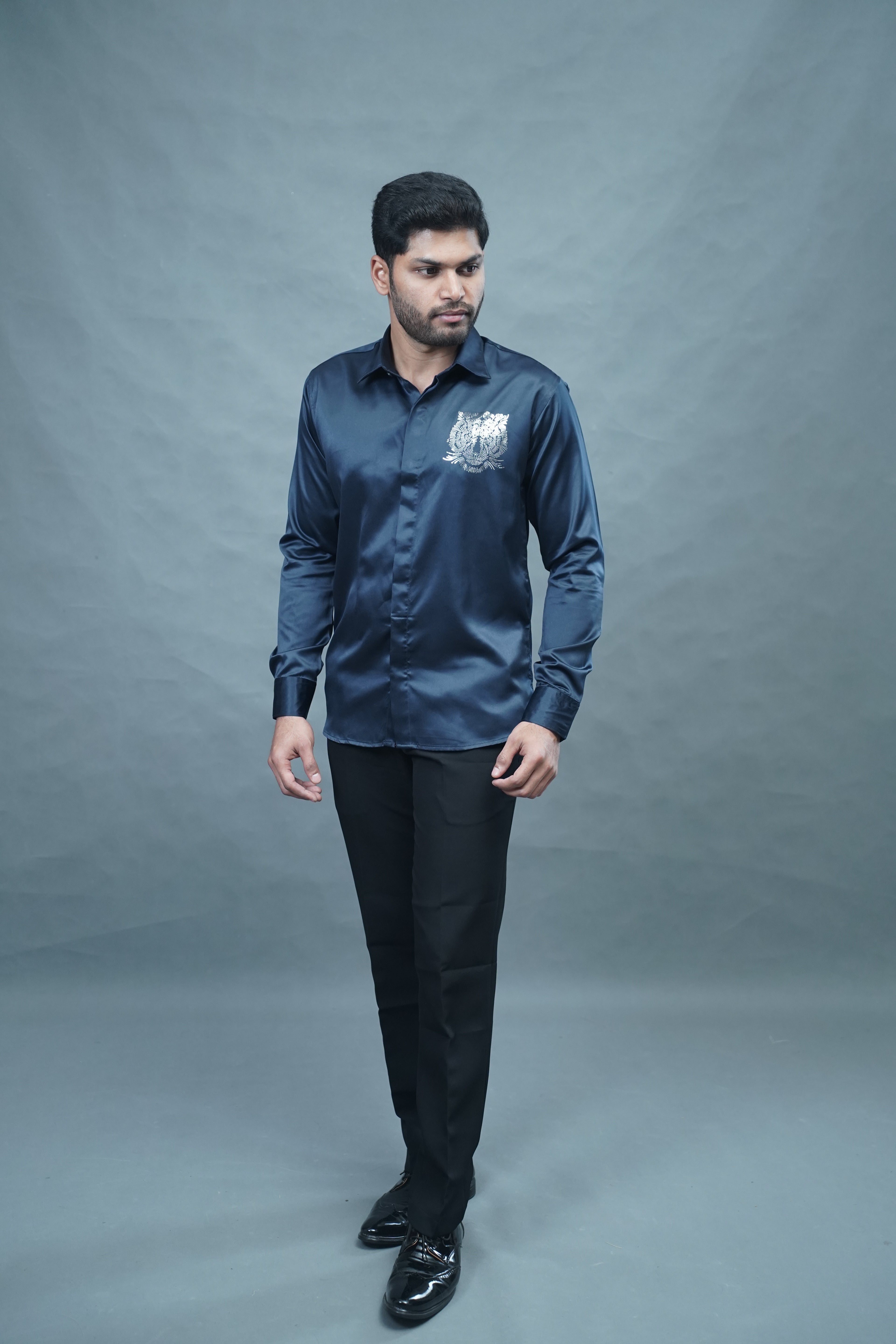 Designer Tiger Stone Work Navy Blue Shirt