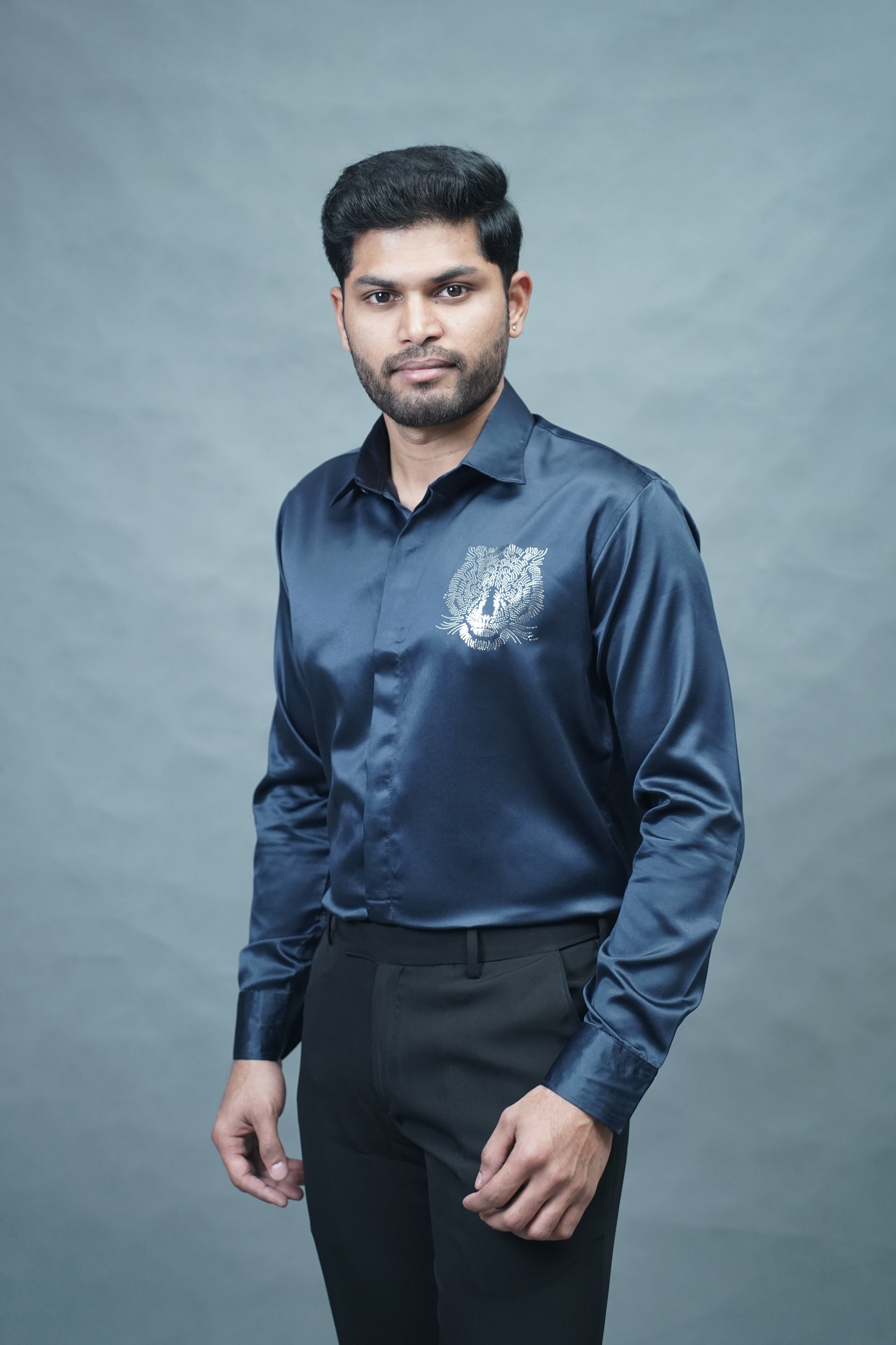 Designer Tiger Stone Work Navy Blue Shirt