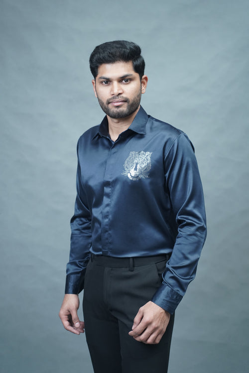 Designer Tiger Stone Work Navy Blue Shirt