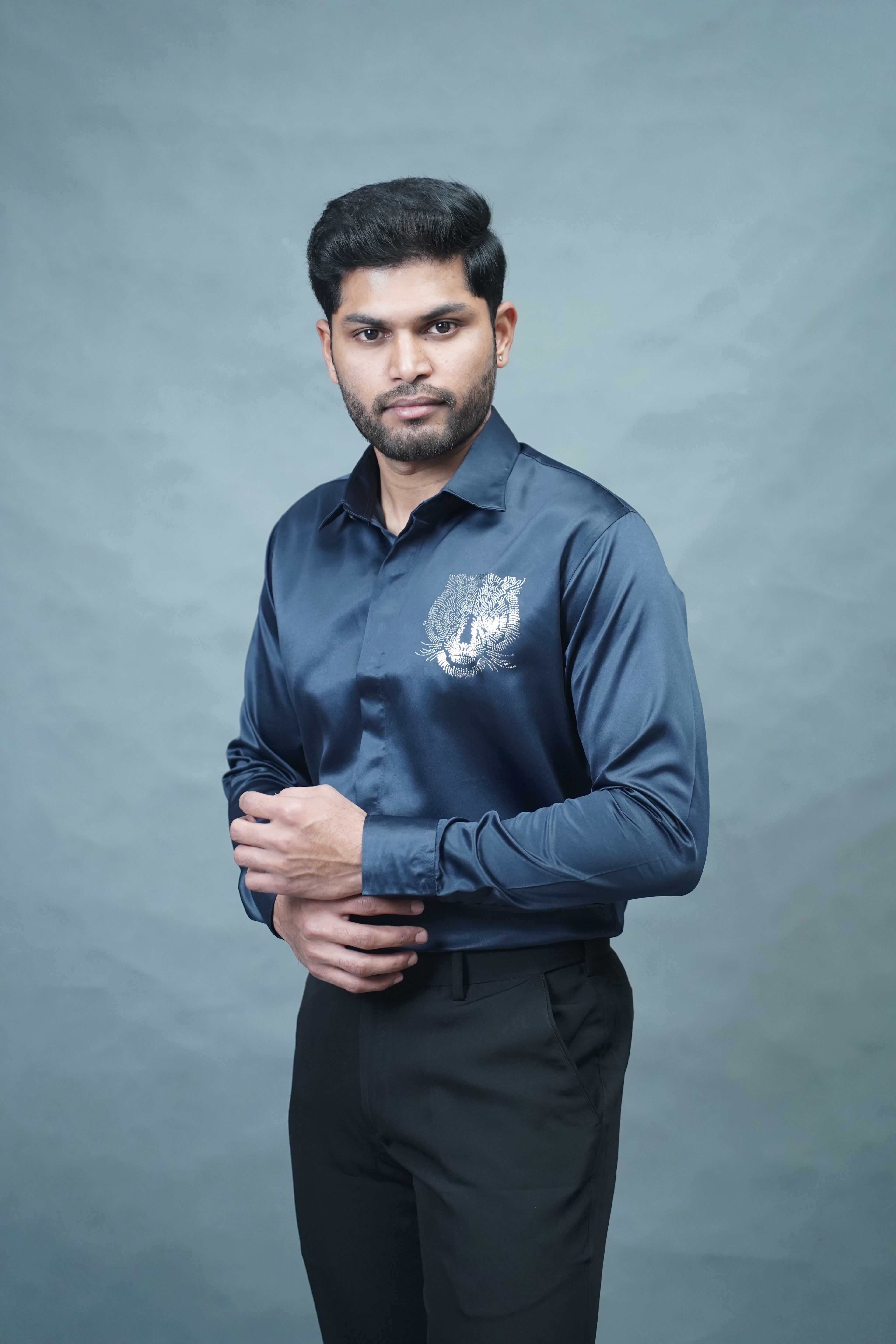 Designer Tiger Stone Work Navy Blue Shirt