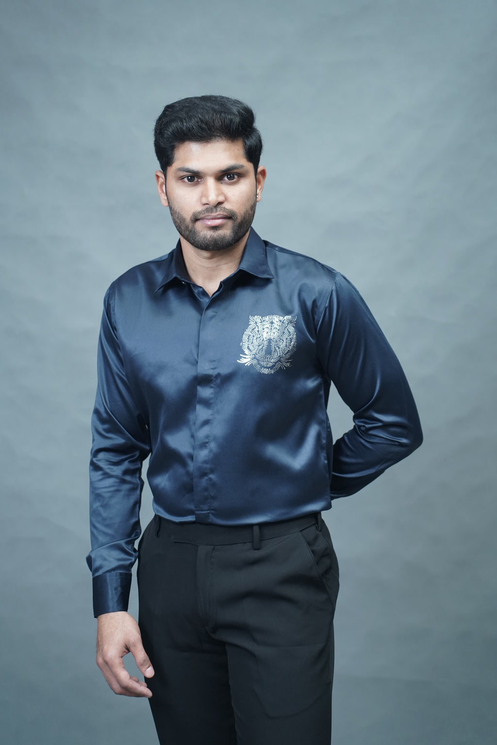 Designer Tiger Stone Work Navy Blue Shirt