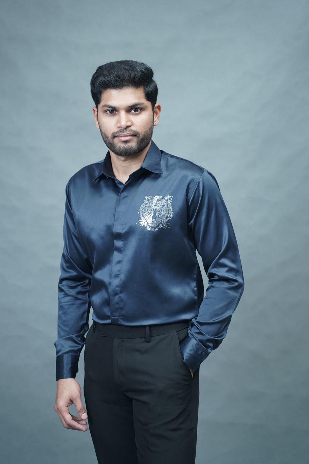 Designer Tiger Stone Work Navy Blue Shirt