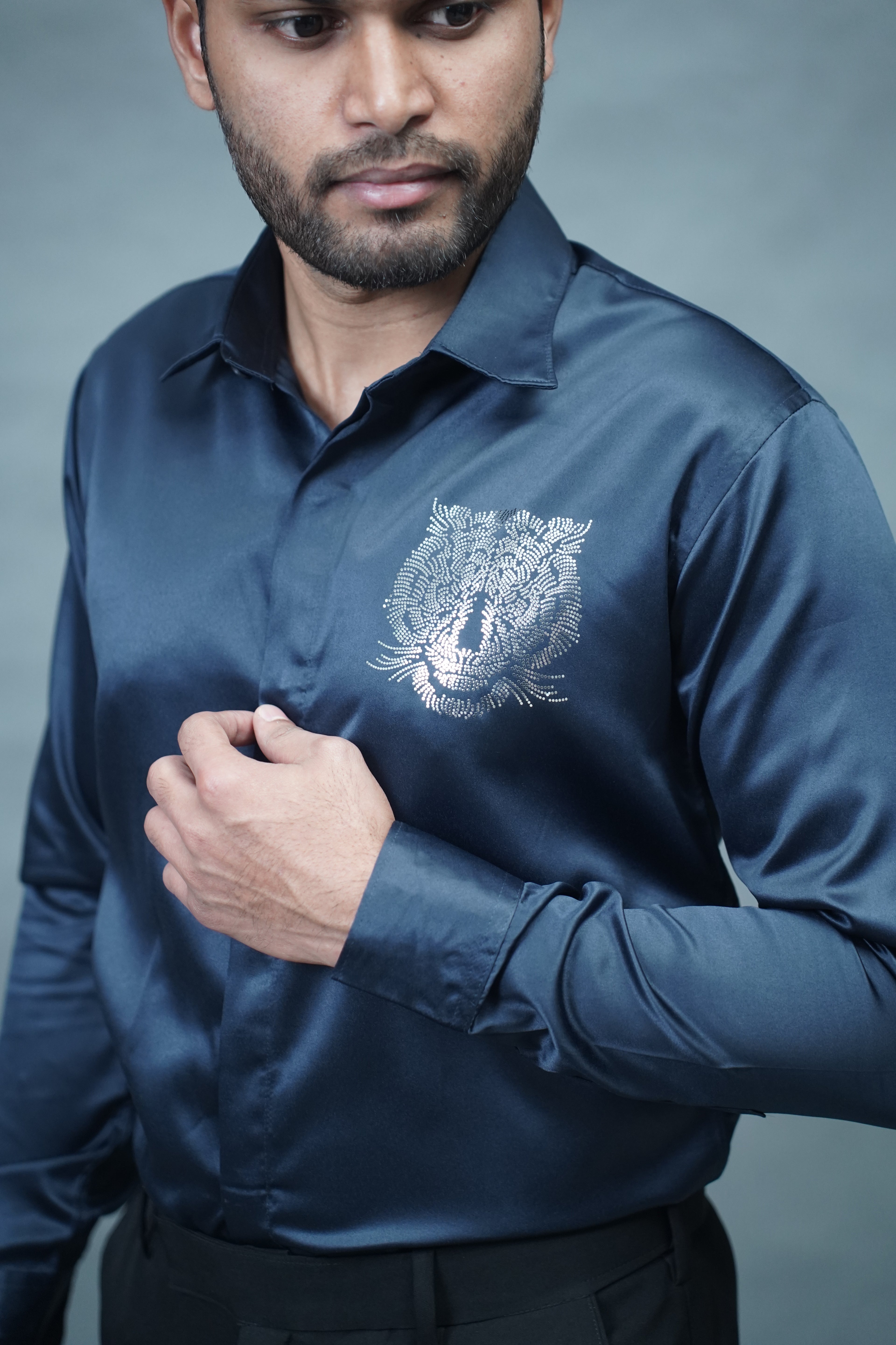 Designer Tiger Stone Work Navy Blue Shirt