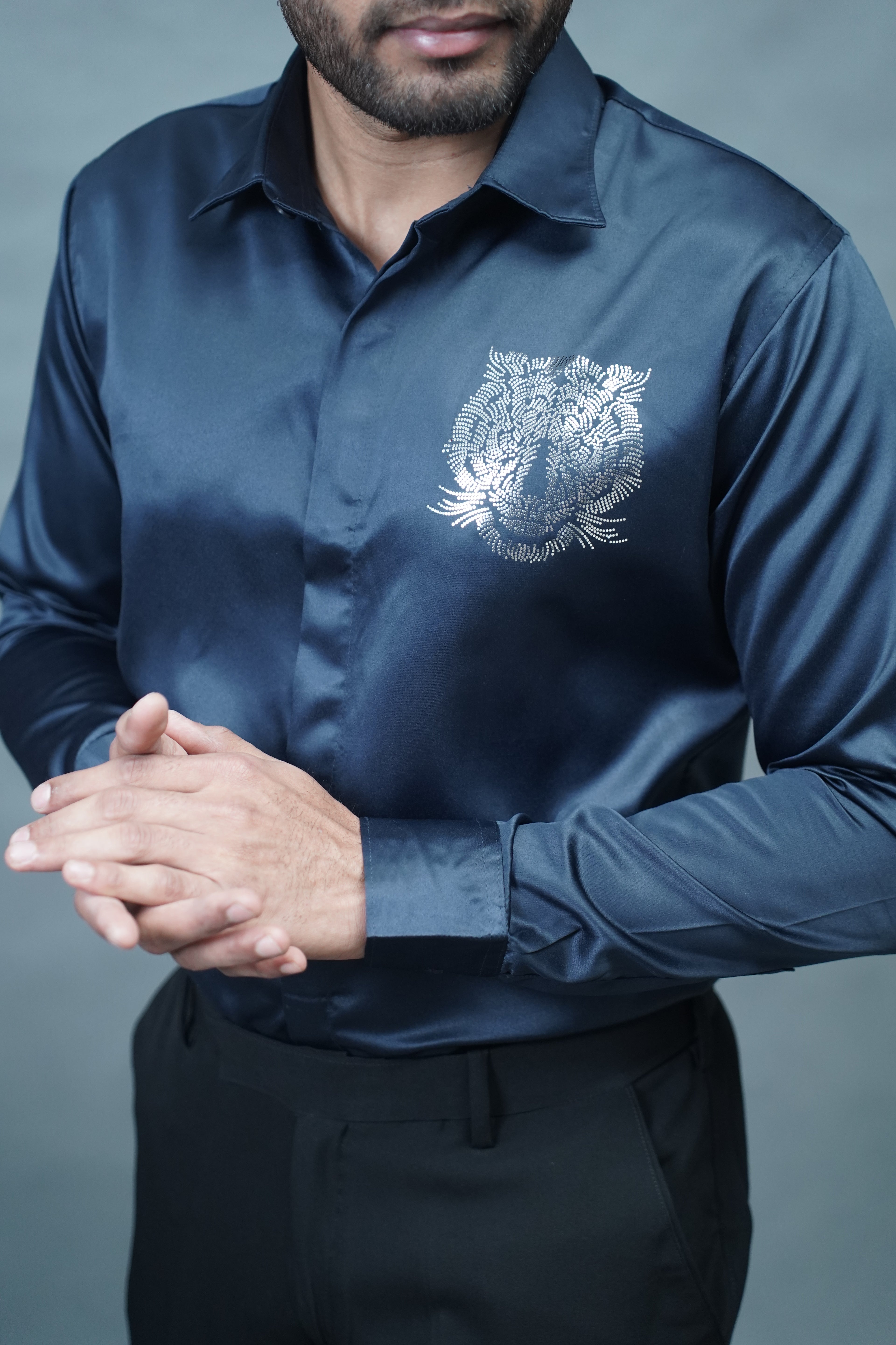 Designer Tiger Stone Work Navy Blue Shirt